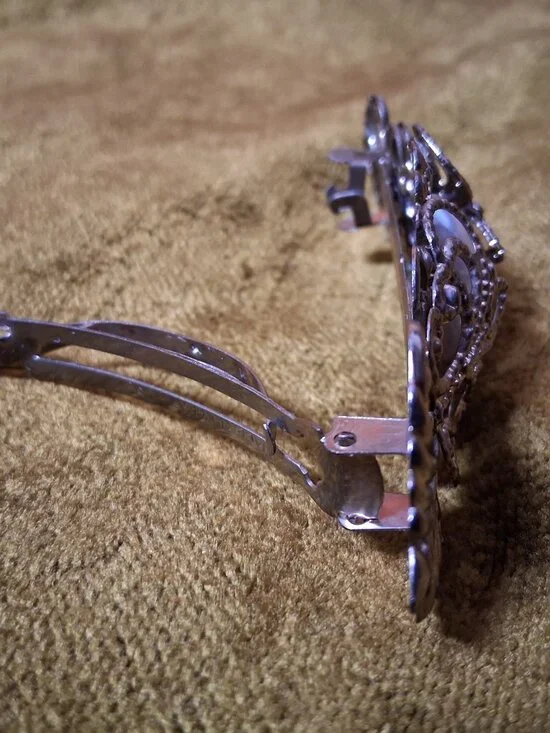 Vintage Barrette Hair Clip Silver Ornate Filligree Faux Pearl Korea 4" - Picture 3 of 13